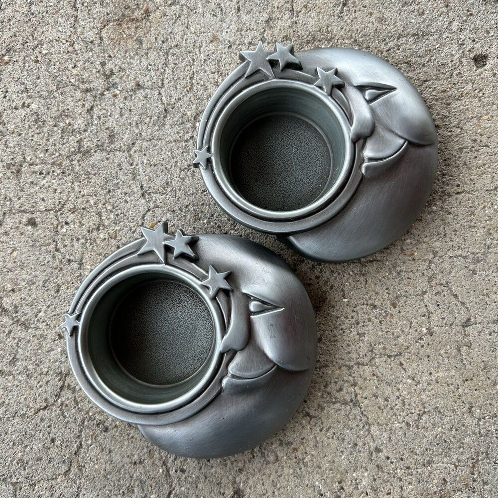 Set Of Two Celestial Candle Holder Metal Moon And Stars Witchy Decor